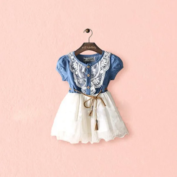 

Kids Girls Short Sleeve Denim Dress Lace Tutu Tulle Sundress