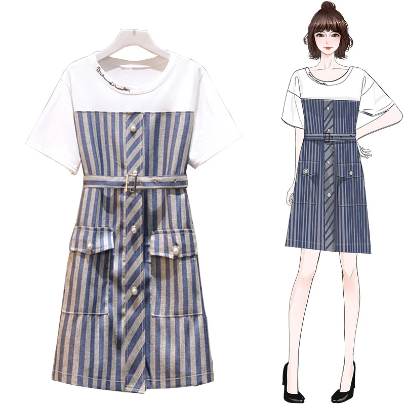 Trytree Summer Dress Women Casual O-Neck A-line Cotton tShirt Patchwork Striped Polyester Belt Pockets Office Lady dress | Женская