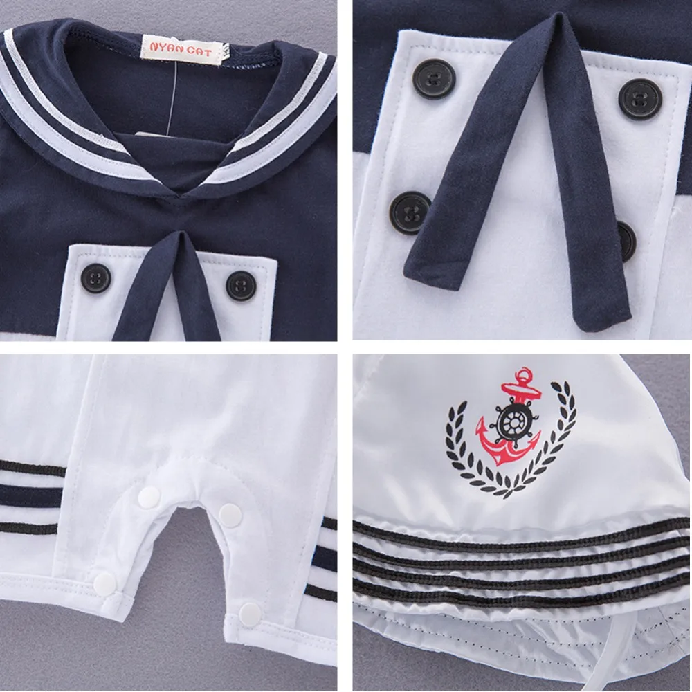 2 Pcs Baby Boy Sailor Jumpsuit Marine Navy Short Sleeve Romper + Hat Outfit Sets Suit for 2-18 Months |