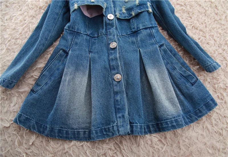 Детская джинсовая ветровка верхняя одежда для девочек модный потертый плащ с длинным рукавом парка детские