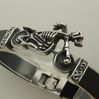 menboy cool racing motorcycle skull genuine leather 316l stainless steel bracelet