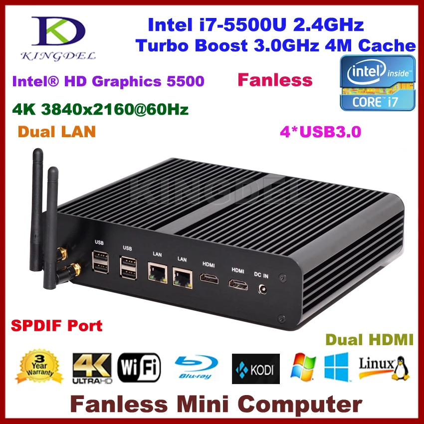 Мини ПК Kingdel i7 5500U процессор Broadwell Безвентиляторный Компьютер Intel NUC Core 4650U/i7 4500U Haswell