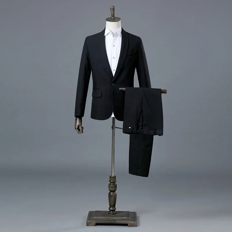 

2018 Fashion Black and White Shawl Lapel Two-Piece Jacket Pants Suit Slim Evening Party Stage Show Performance Men Prom Suits