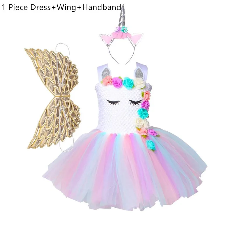 Dress Headband Wing Платье-пачка с единорогом для девочек; Детские Платья с цветочным принтом для девочек на День рождения; маскарадные платья для детей; костюм на Хэллоуин и Рождество - Цвет: Dress Headband Wing