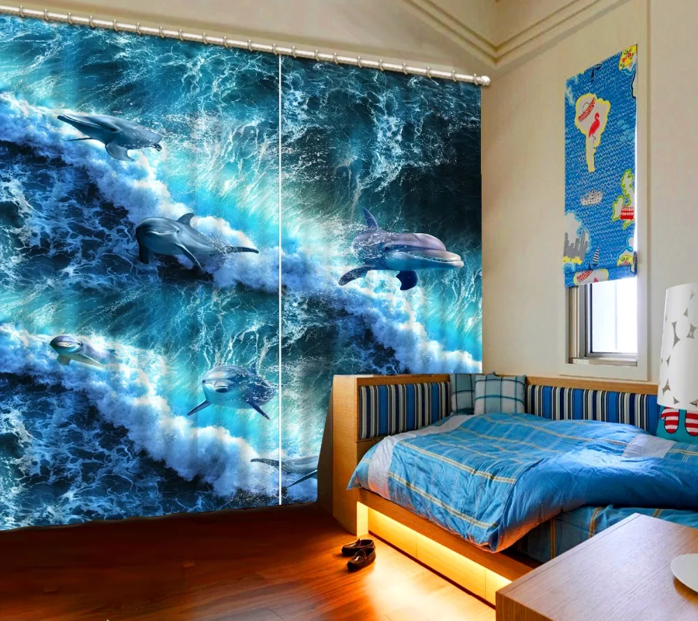 

3D Curtain Printing Photo Wave dolphin For Room Bedroom Window 3D Curtain Custom any Modern 3D Blackout Window