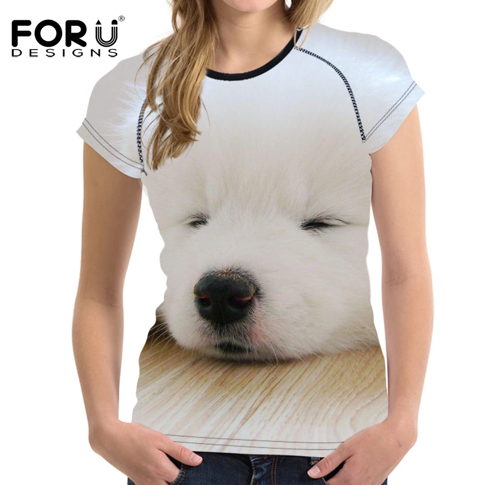 FORUDESIGNS/Милая женская футболка с 3D изображением собаки Samoyed летние повседневные