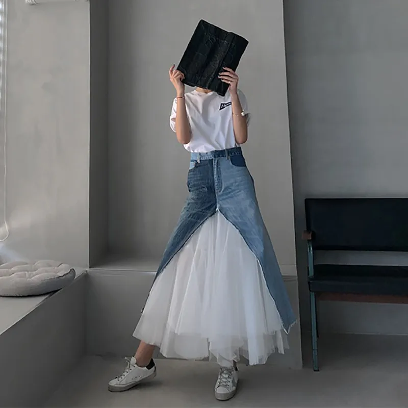 TWOTWINSTYLE, хит, цветная, сетчатая, Лоскутная, Женская юбка, высокая талия, тонкая, деним, линия, миди, юбки, женская мода, весна, повседневная, Новинка