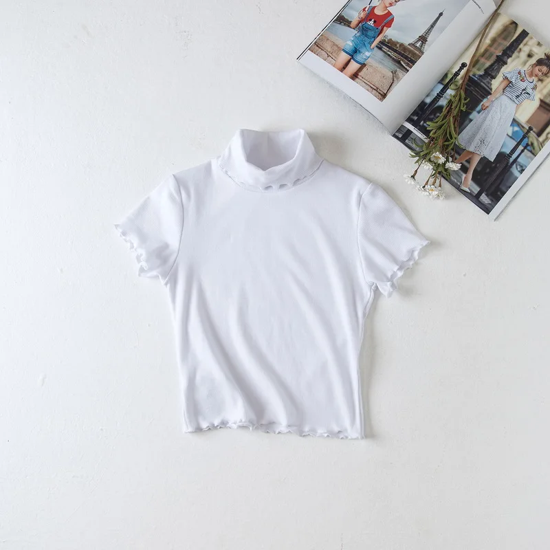 Для женщин Водолазка короткий рукав рябить отделкой Slim Fit футболка Crop Top - Цвет: white