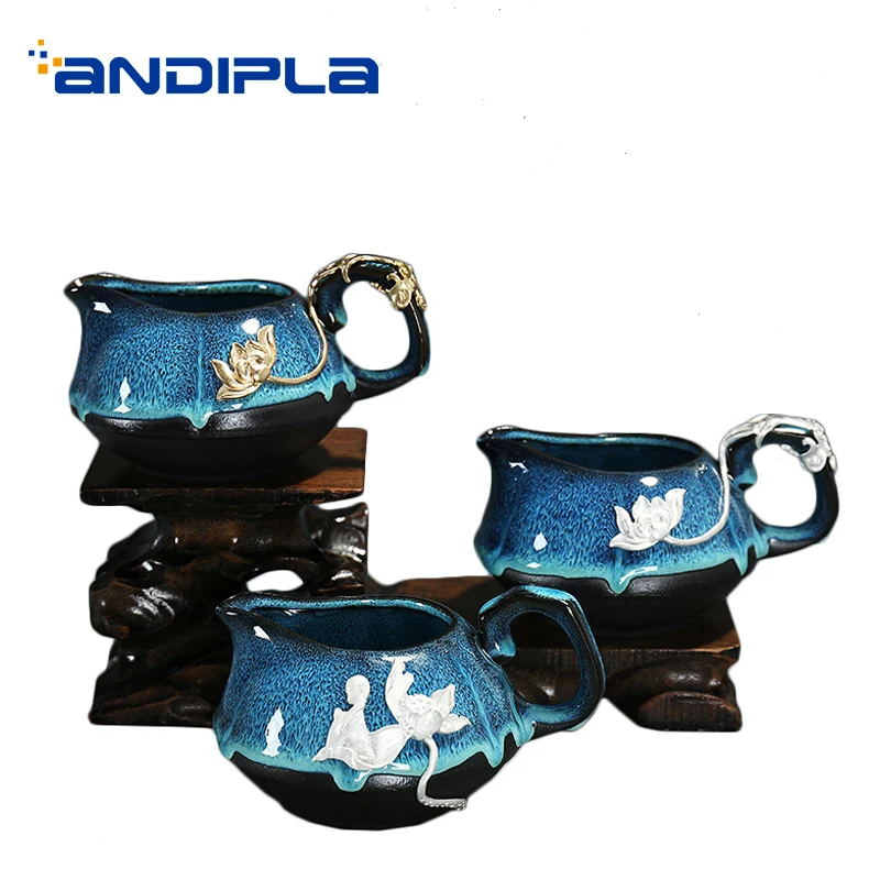 

130/140ml Creative Ceramic Fair Cup Handmade Embossed Lotus Pattern Handle Tea Public Cup Drinkware Coffee Milk Mug Sent Friends