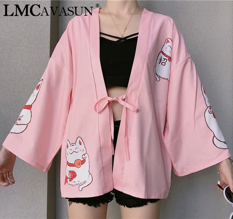 LMCAVASUN Harajuku Женское пальто японское Лаки Кошки печати летнее свободное кимоно с рукавами тонкое пальто Одежда для женщин