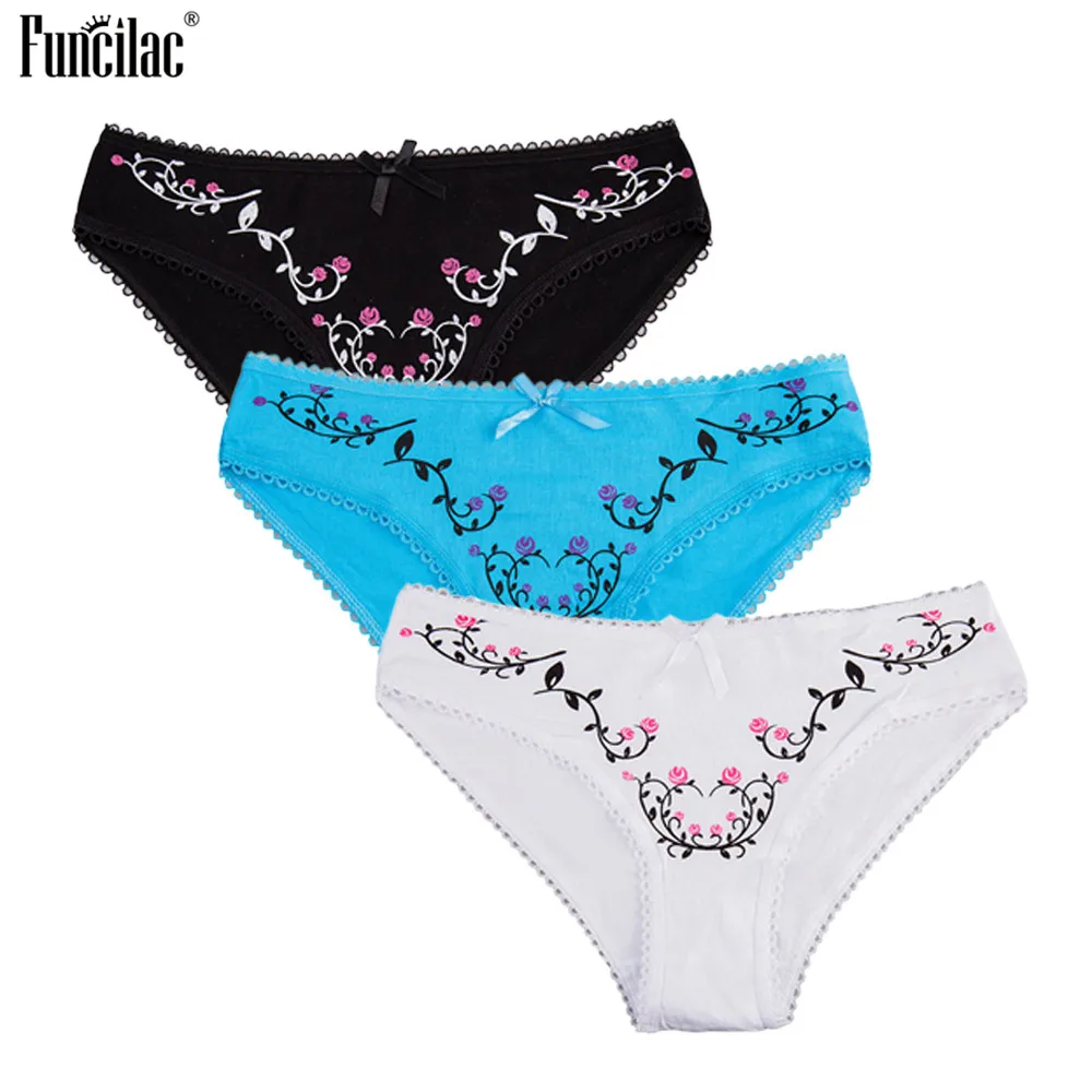 FUNCILAC Sexy Underwear Women Cotton Cute Panties Briefs Bow Print Bikini Lady Intimate Girl Underpants 3Pcs/Lot M-XLComfortable |