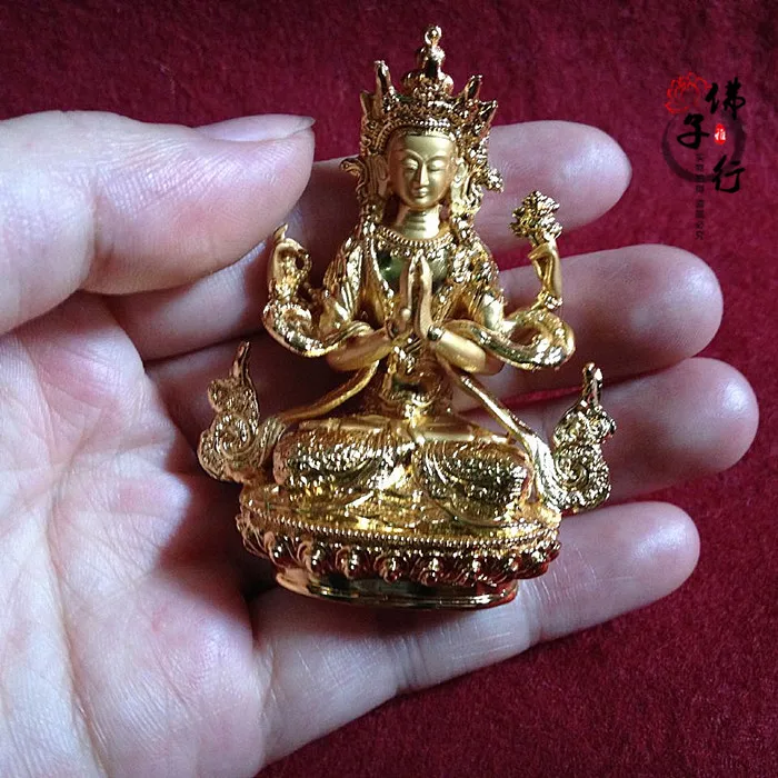 

Tibetan Tantric Little Golden Buddha four arm Avalokiteshvara HENGJIA Boutique 2 inch