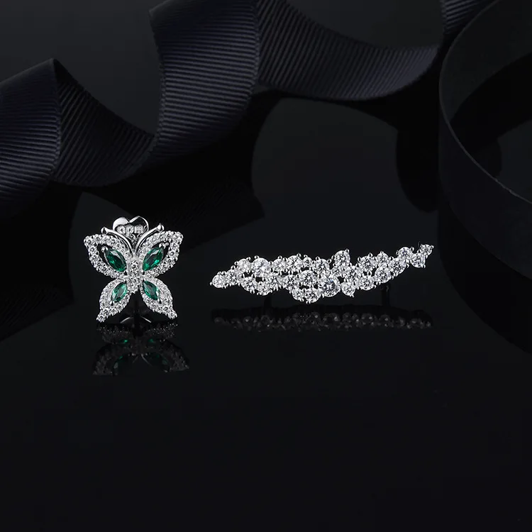 Ins-APM original asymmetric 925 sterling silver green diamond butterfly flower shape earrings fashion ear nail jewelry | Украшения и