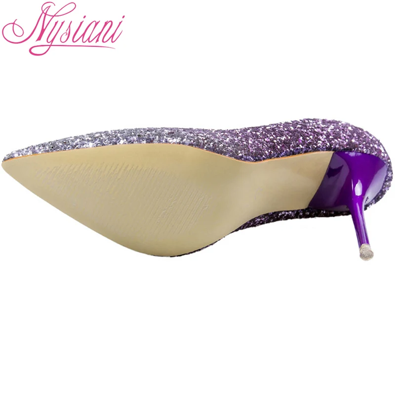 2017 New Sexy High Heel Shoes Pointed Toe Sequined Cloth Thin Heels Fashion Nightclub Wedding Purple Autumn Ladies | Обувь