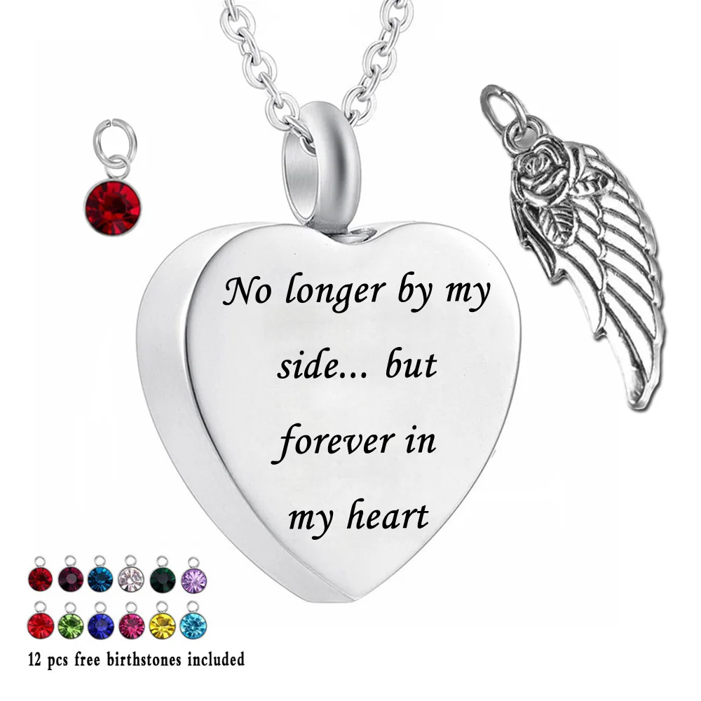 

No Longer by My Side ,But Forever in My Heart -12 Piece Birthstone and Wing Necklace Heart Memorial Keepsake Jewelry for Ashes