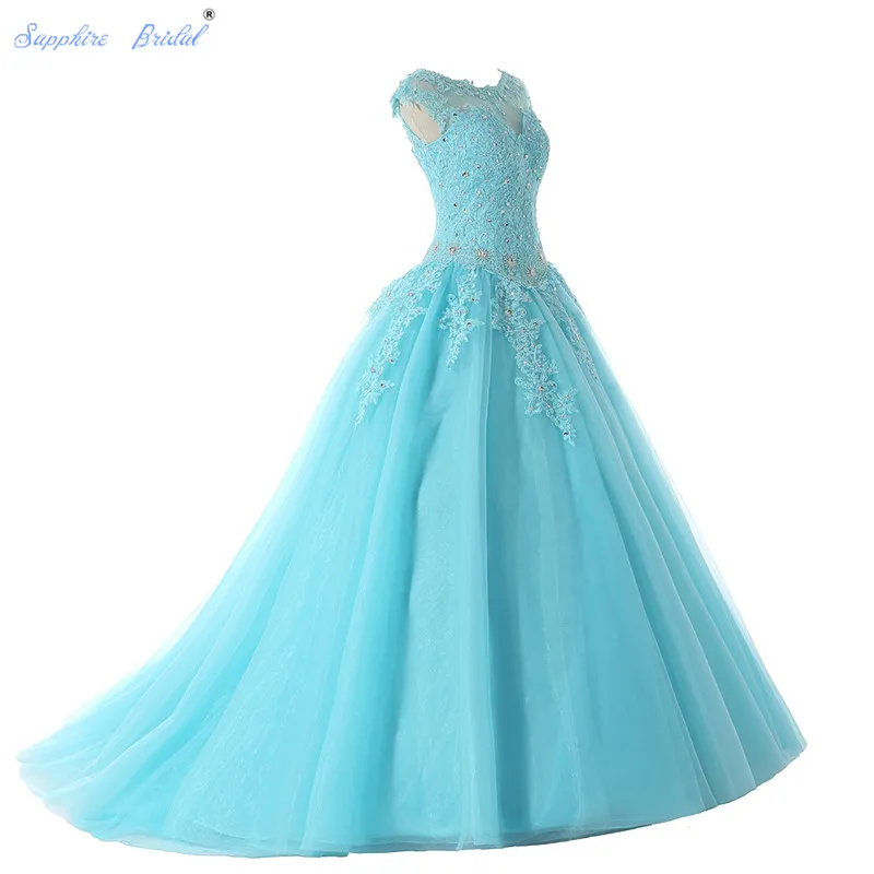 Сапфировое свадебное длинное вечернее платье Vestido De 15 Anos Cap Sleeve кружевное с