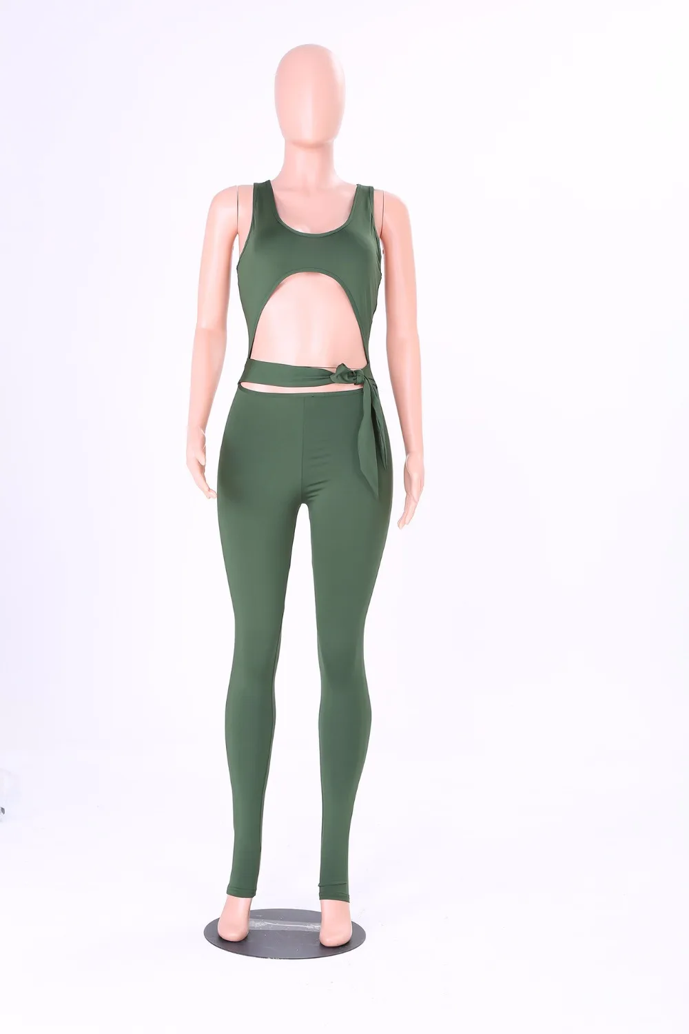 

Sexy Solid Six Colour Skinny O Neck Sleeveless Hollw Out Lace Up Back Zippers Jumpsuit