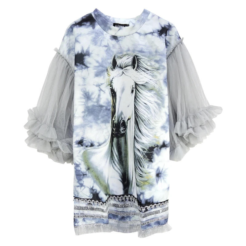 Summer T shirt women Clothes 2019 Casual 3D Pattern Printing Tees Loose mesh Big Ruffles Butterfly Sleeve T-shirt Women Tops | Женская