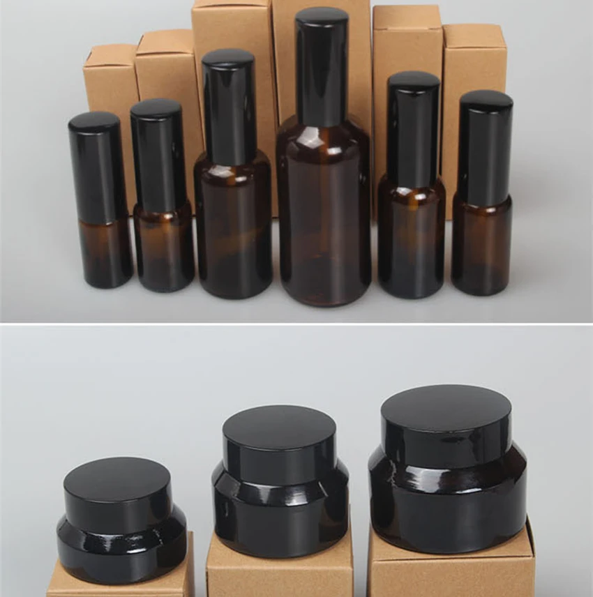 

20pcs Empty Brown Glass Cream Jar Small Eye Cream Jar Glass Spray Bottle Lotion Pump Bottle With Black Lid Cap 20g 10ml 15ml