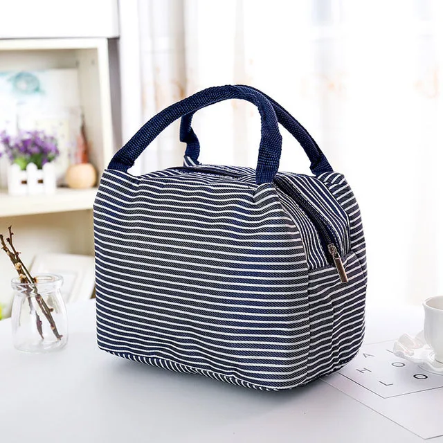 Waterproof Canvas Insulated Lunch Bag Aluminum Foil Stripe Handbags Food Storage Cooler Ice Bag Unisex Portable Lunch Box Tote - Цвет: navy blue