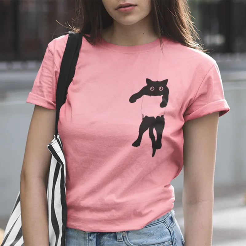 

Chest Pocket Cat T Shirt Animal Copy Design Tops Women Simple Summer Short Sleeve Shirt Loose Cotton Crewneck Tee