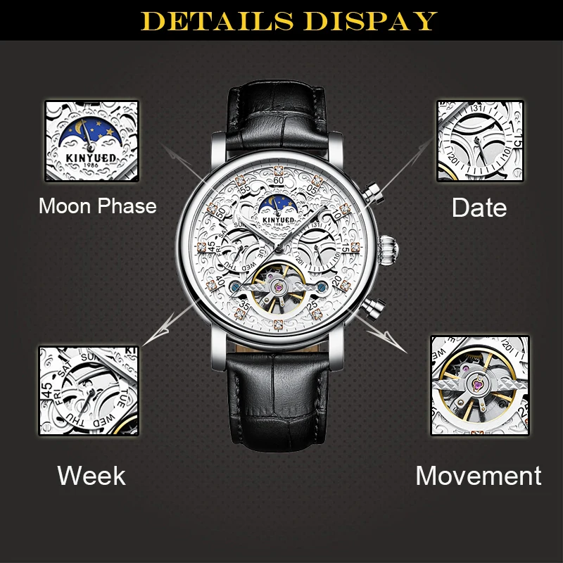 Автоматические часы KINYUED мужские водонепроницаемые механические Sun Moon Phase Tourbillon |