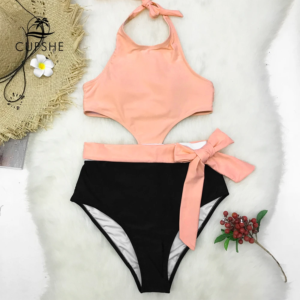 CUPSHE розовый и черный цветной блок Холтер цельный купальник женский вырез