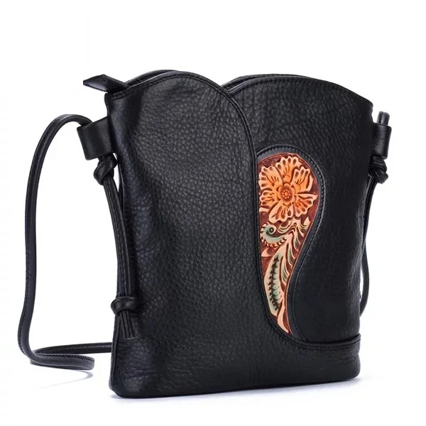 Винтажная кожаная женская сумка ведро с резным узором черная маленькая цветами