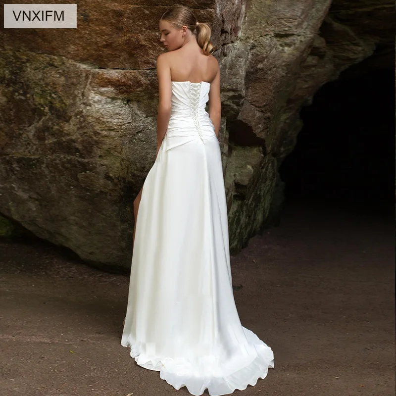 VNXIFM 2019 Gorgeous Strapless Sheath Mermaid Sleeveless Sexy Lace Sweep Train Beautiful Custom Made Wedding Dresses | Свадьбы и