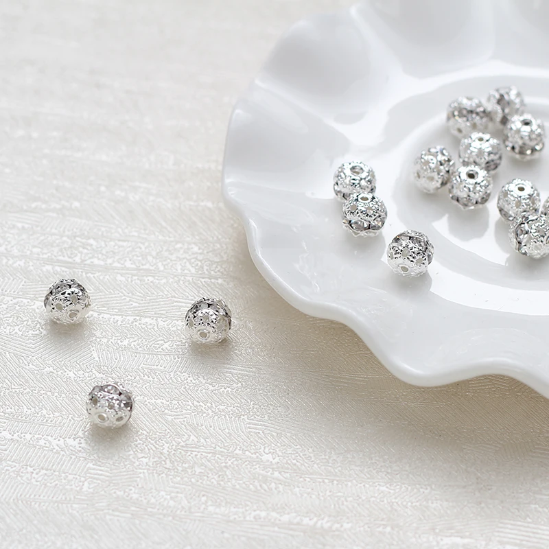 100pcs/lot 8MM silver plated Crystal Spacer Loose Beads Silver Plated Pave Metal Balls beads | Украшения и аксессуары