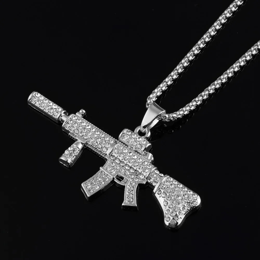 Хип-хоп ювелирные изделия золото с украшениями в виде кристаллов M4 кулоны с оружием Для женщин Для мужчин Полный Стразы цепи ночной бар-клуб рэперские цепочки