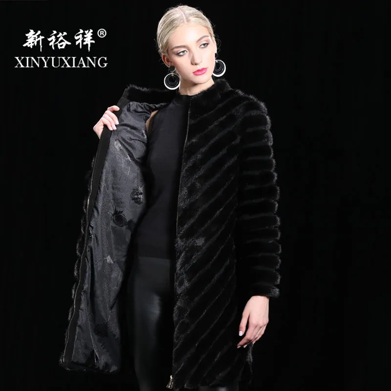 Length 90cm XINYUXIANG 90 см Натуральная норковая Меховая куртка женская зимняя длинная толстая теплая натуральная полоска норковая меховая верхняя одежда женская натуральная кожа пальто - Цвет: Length 90cm