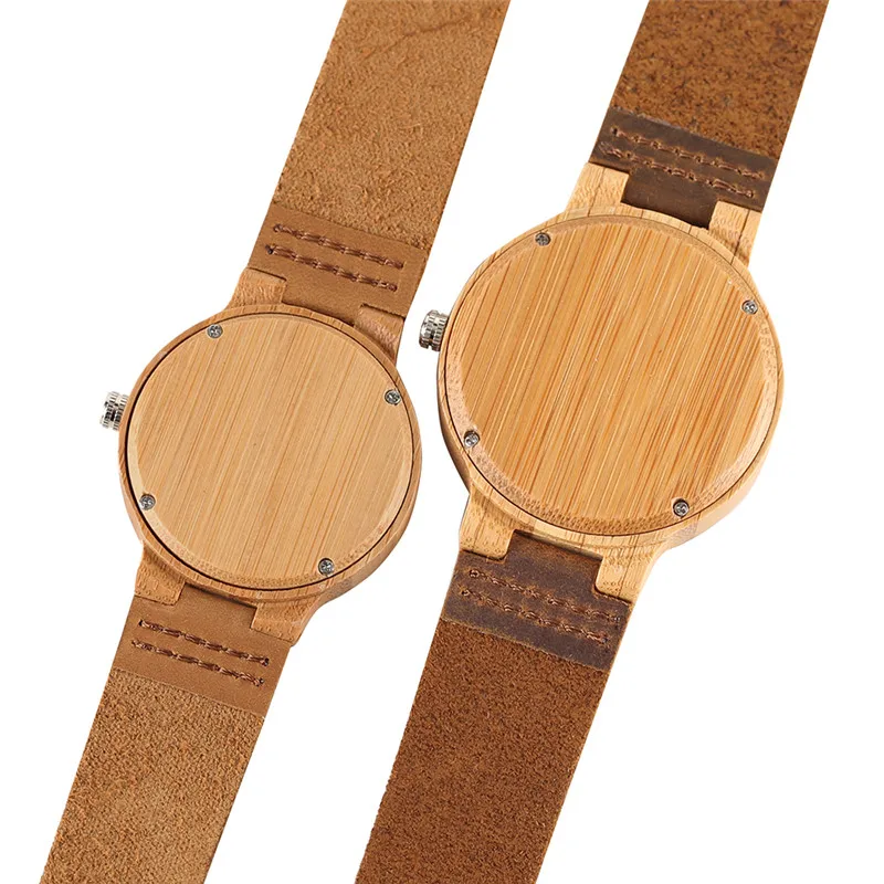 

Trendy Wave Dial Lovers' Wrist Watch Nature Handmade Casual Men Bamboo Quartz Clock Genuine Leather Band Women Bracelet Gift