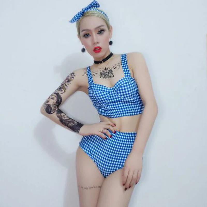 Танцевальные костюмы GoGo голубой комплект в клетку одежда джаз для музыки