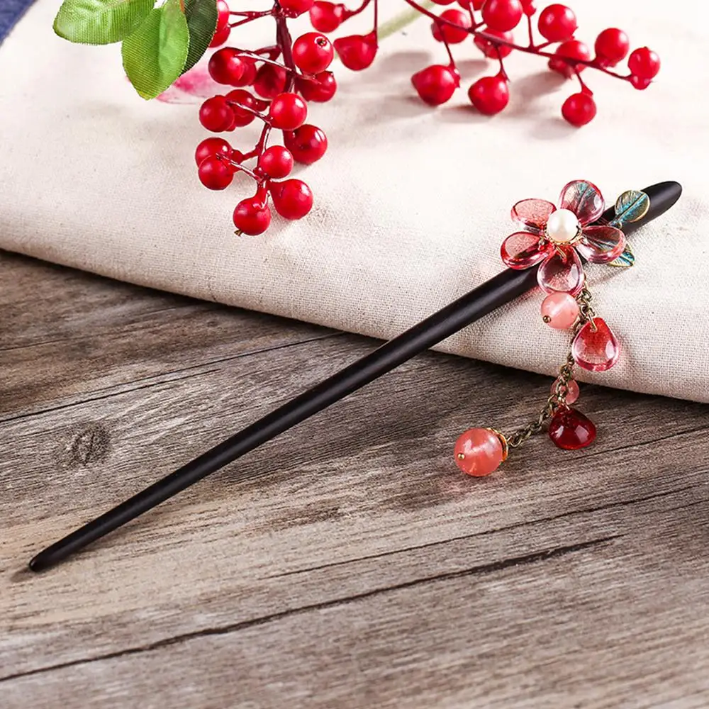 Ethnic Tassel Handmade Hair Sticks Black And Ebony Alloy Leaves Red Colored Glass Petal Pink Stone Female Accessories FZ-18007 | Украшения