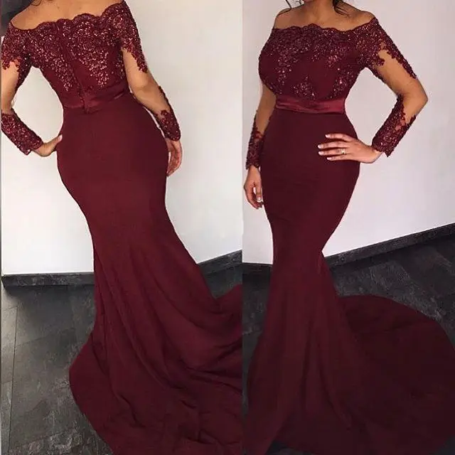 

African Mermaid Evening Gowns Burgundy Off The Shoulder Sequins Long Sleeves Prom Dress 2019 Dubai Arabic Party Gowns G0109