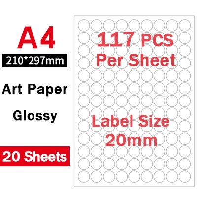 20mm Glossy White А4 круглые наклейки, высеченные Листы А4, глянцевая белая/крафт-бумага клейкая наклейка s для лазерных/струйных принтеров, 20 листов - Цвет: 20mm Glossy White