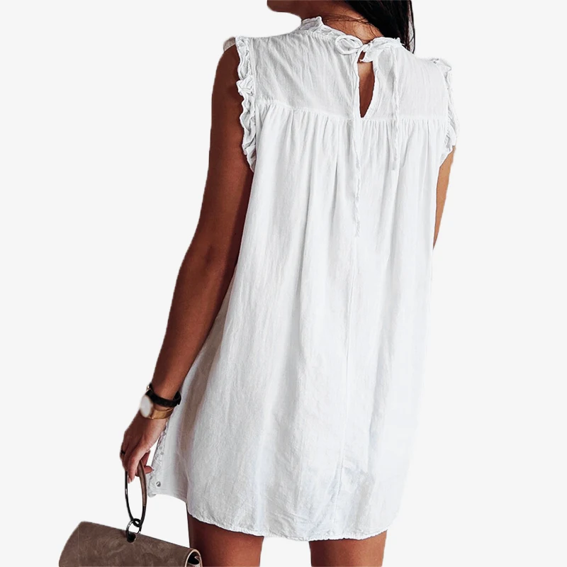 Хлопковое плиссированная полая Женская мини-платье с оборками и воротником лето