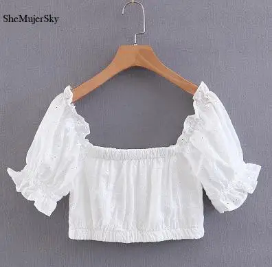 white tops SheMujerSky белый женский топ на бретелях с вышивкой, сексуальный укороченный топ с вырезами, лето - Цвет: white tops