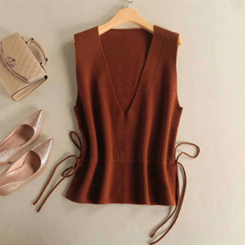 Europe and the United States wind cashmere vest deep V-neck pullover waist double-knit wool sweater | Женская одежда