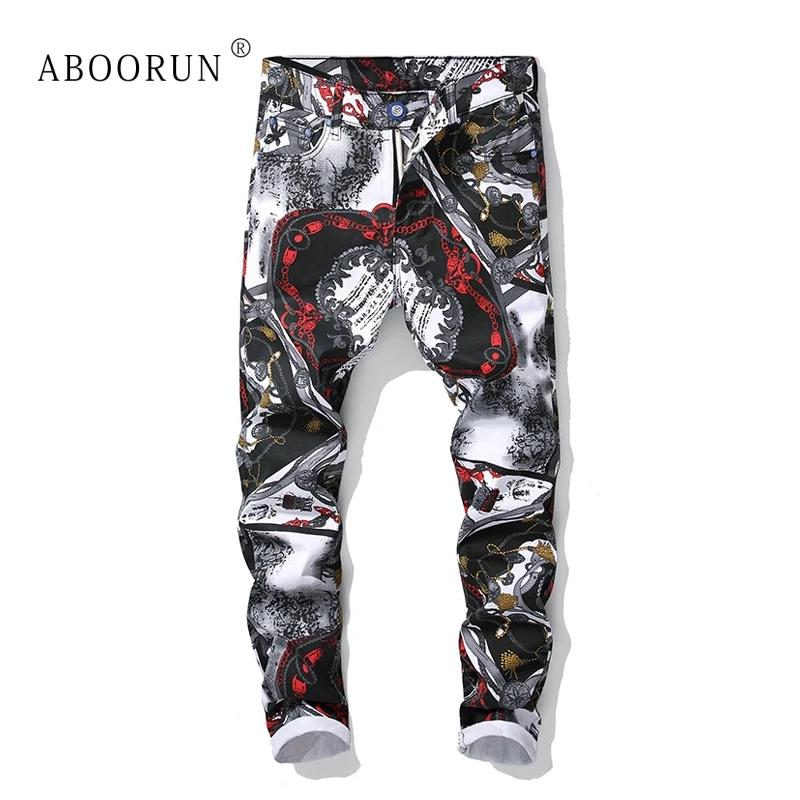 ABOORUN мужские модные обтягивающие джинсы с цифровым принтом карандаш брендовые