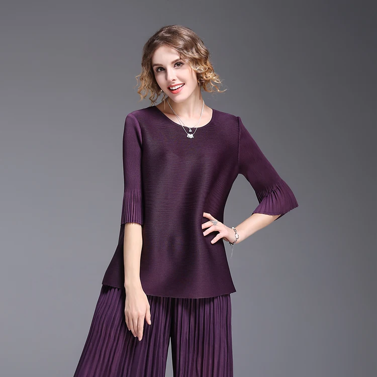 Changpleat Свободная Женская футболка Miyak плиссированные Дизайнерские однотонные футболки с круглым вырезом и бантом сзади, черные, серые женские футболки больших размеров