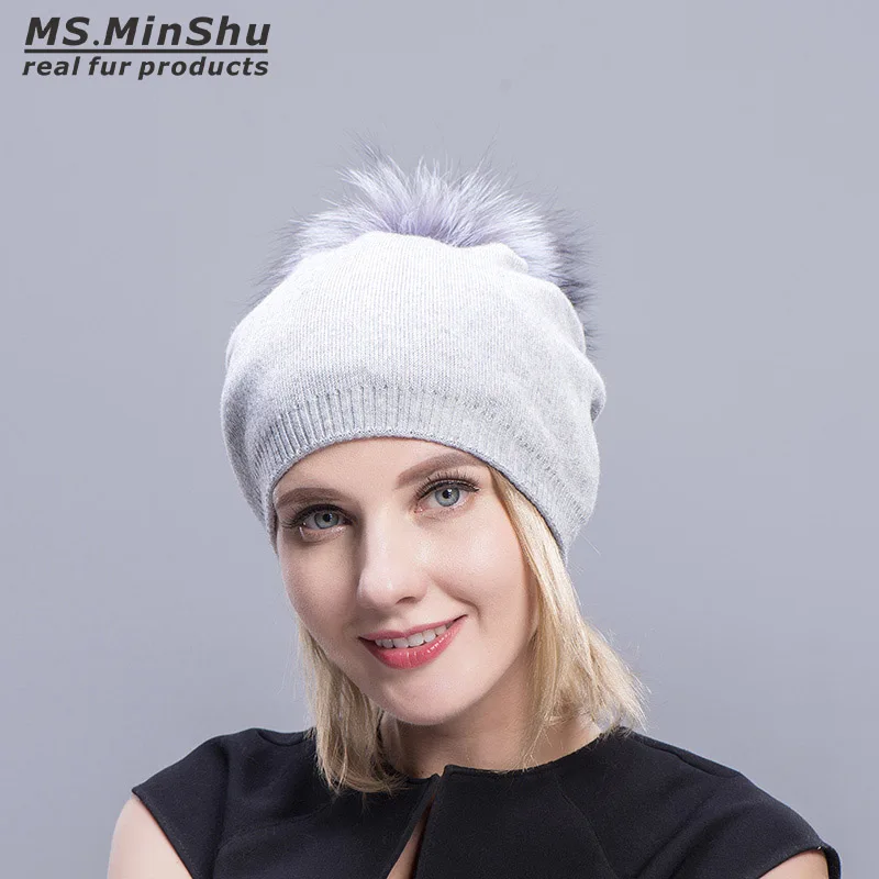 Ms. MinShu, кашемировые шапки для женщин, помпон, шапочки, меховая шапка, женские теплые шапки с натуральным мехом енота, помпон, шапка для взрослых