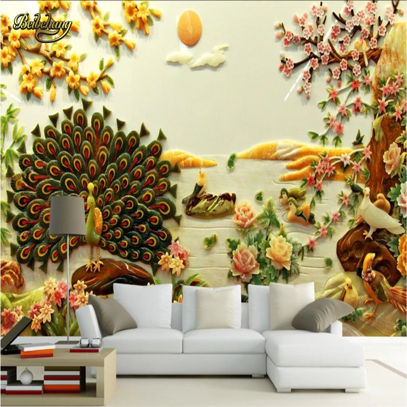 Фотообои beibehang с изображением нефрита резьбы пиона цветов павлина фотообои для