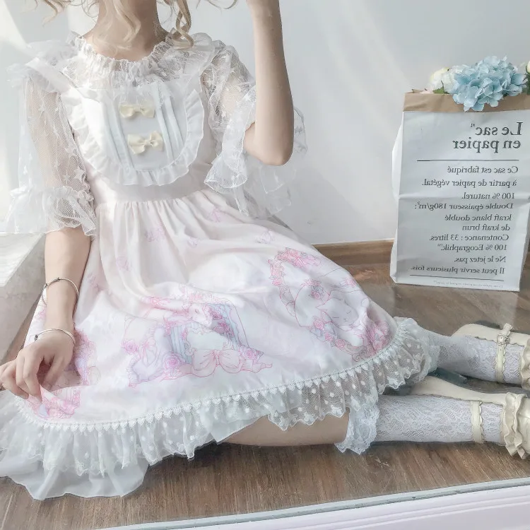 Kawaii японская Лолита АО платье женская летняя обувь мягкой сестра ветер милые с рисунком кошки с бантом в стиле «лолита» с ремешком и милым милое платье