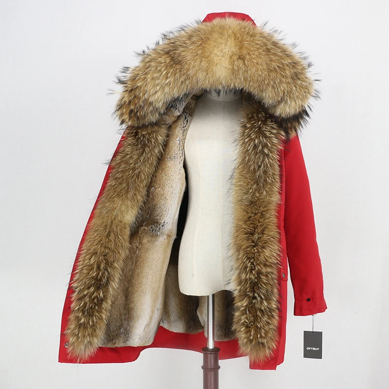 red natural E Длинная парка OFTBUY, водонепроницаемая верхняя одежда, пальто с натуральным мехом енота, Воротник из лисьего меха, капюшон, подкладка из кроличьего меха, Толстая теплая уличная одежда - Цвет: red natural E