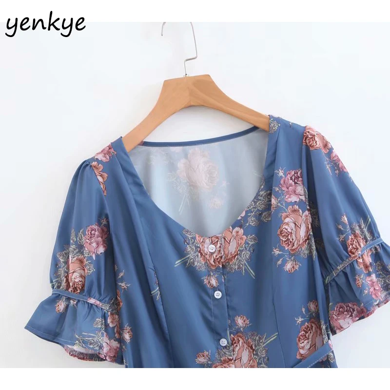 2019 Women Vintage Floral Print Holiday Summer Dress Lady V Neck Butterfly Sleeve A-line Midi Casual SDP6085 | Женская одежда