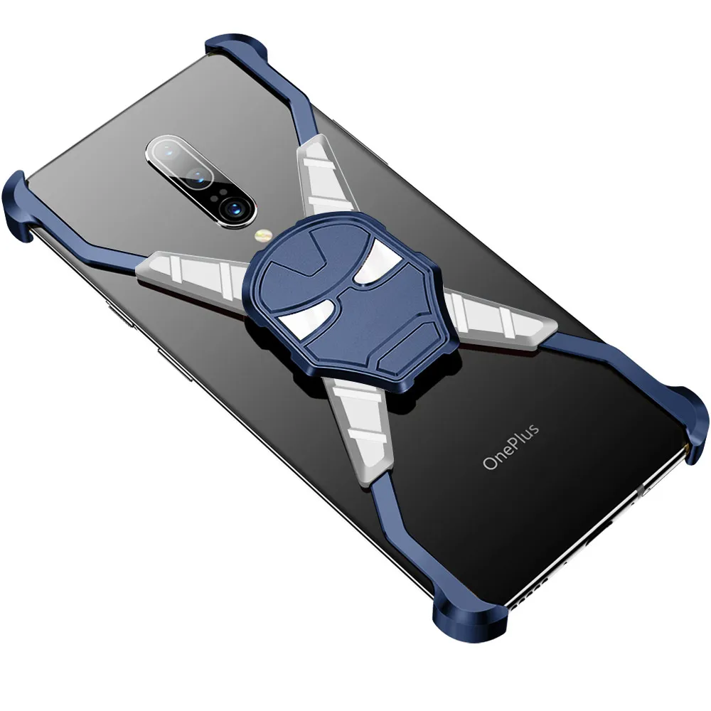 OATSBASF new personality iron man metal frame half pack protective cover hard shell anti-fall suitable for OnePlus 7 series - Цвет: Синий