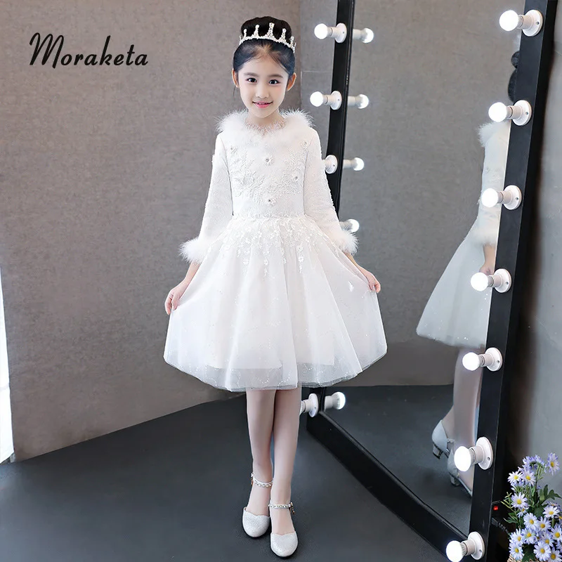 

2019 Winter Long Sleeves Gall Gown White Flower Girl Dresses For Wedding Feather Appliques Short First Communion Dresses For Gir