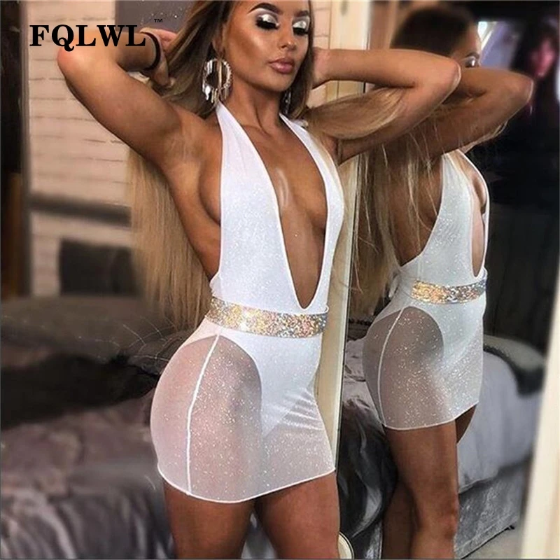 Женское Сетчатое короткое платье с блестками FQLWL клубное мини открытой спиной и